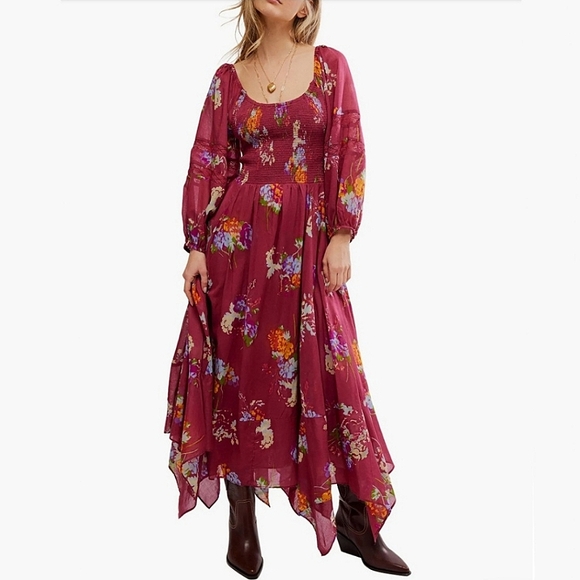 Free People Dresses & Skirts - Free People Morning Glory Floral Smocked Long Sleeve Maxi Dress Earth Red Combo
